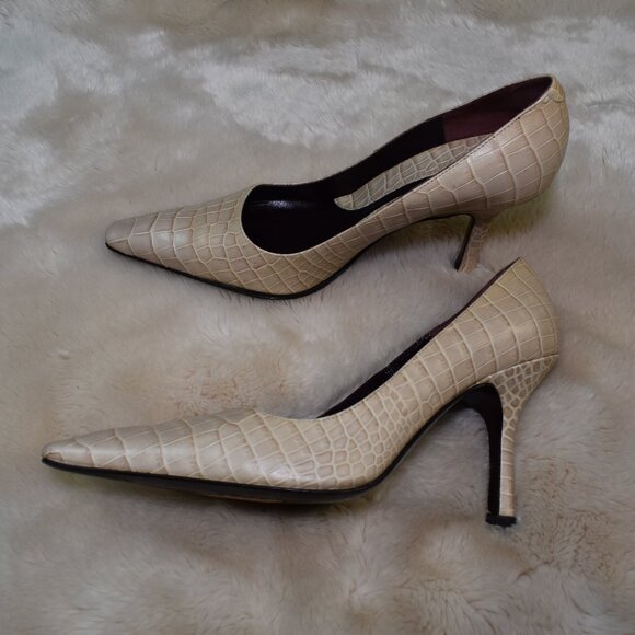 Via Spiga Beige Croc Embossed Stiletto Pumps Size 8 Square Toe Heels - Picture 4 of 15
